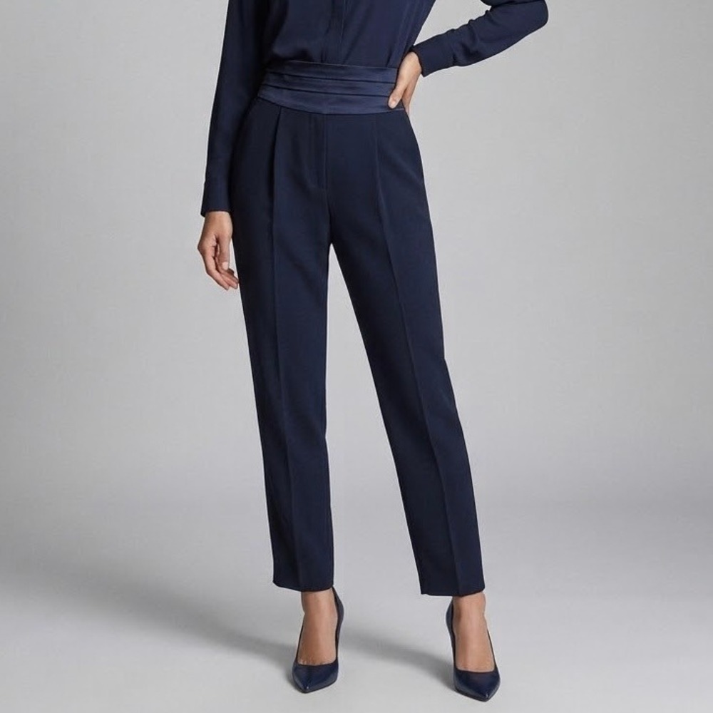 Maeve Anthropologie Trousers Navy Blue Satin Trim Pleated Size 6